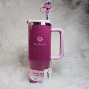 Juicy Couture Crown Fuchsia Pink Tumbler with Cherry Straw 31.5 oz